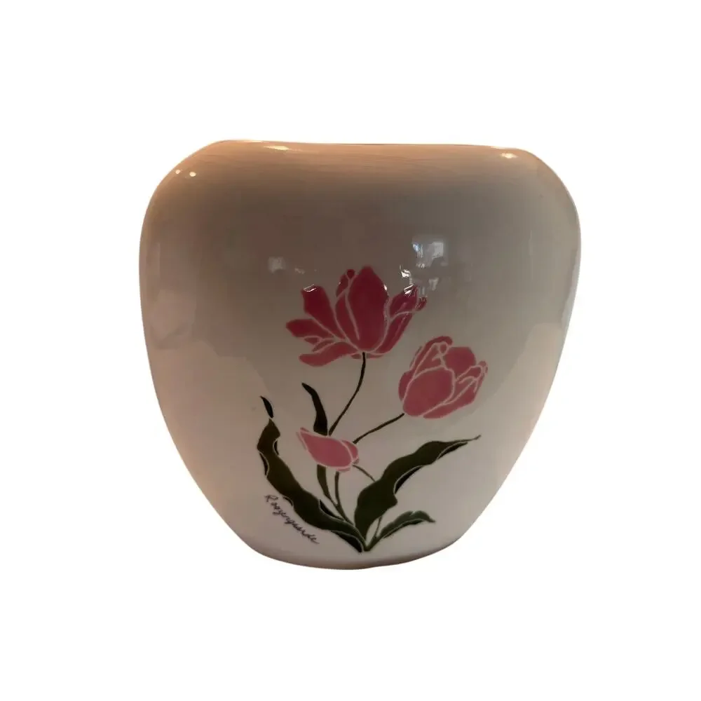 Three Sisters Earthworks Handpainted Ceramic Vase with Pink Tulip Motif